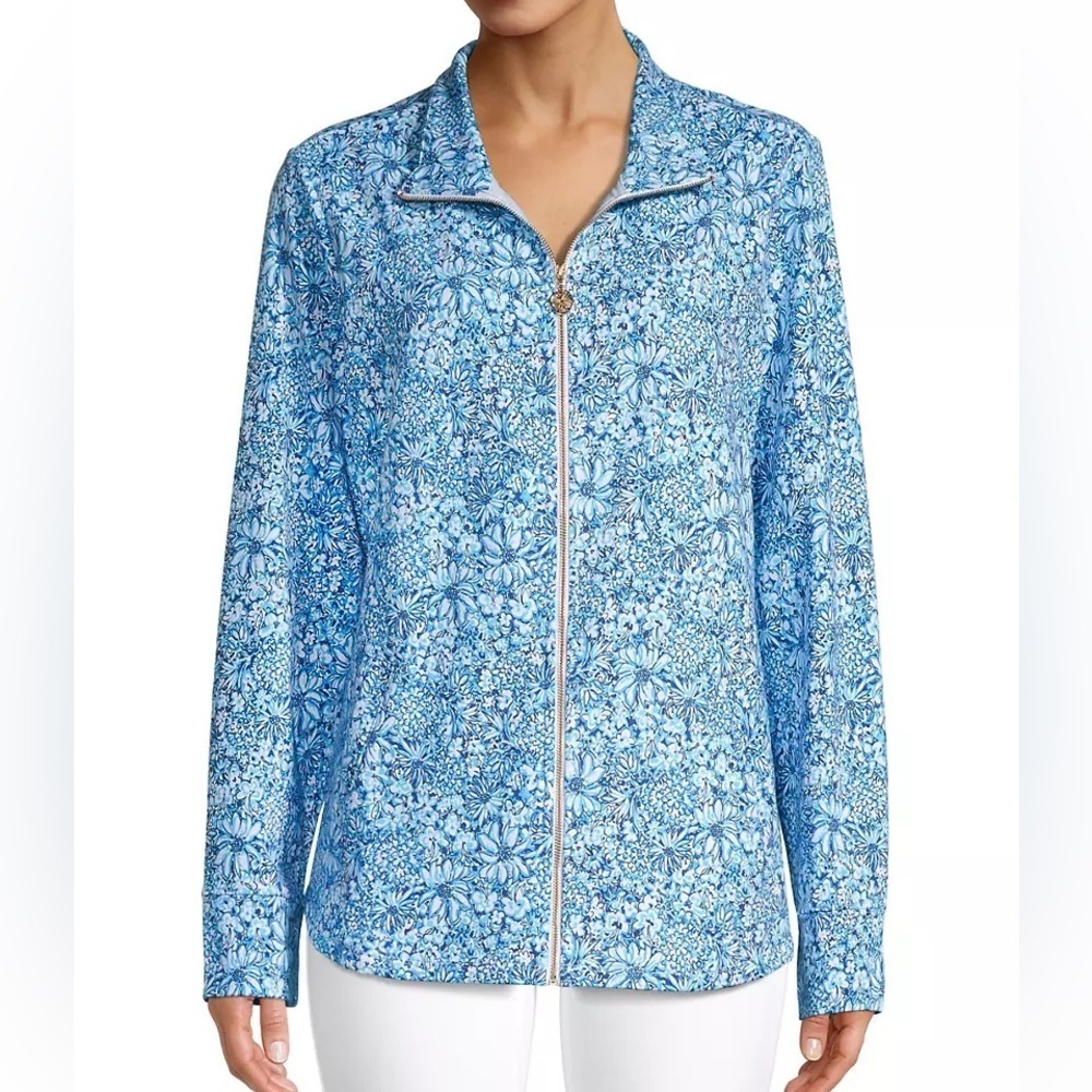 Lilly Pulitzer LEONA UPF 50+ ZIP-FRONT JACKET CUMULUS BLUE BLOOMING TOGETHER XXS